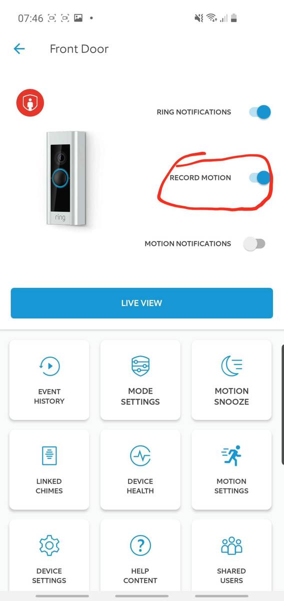 Ring app screenshot showing how to disable Motion Detection for a Ring Doorbell.