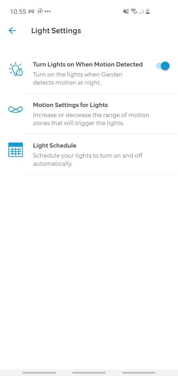 Ring app - the floodlight cam's lighting option section showing turning lights on/off (manual and on a schedule) and light motion zones.