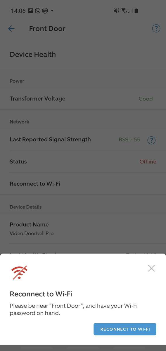 Ring app screenshot showing the option to reconnect to Wi Fi