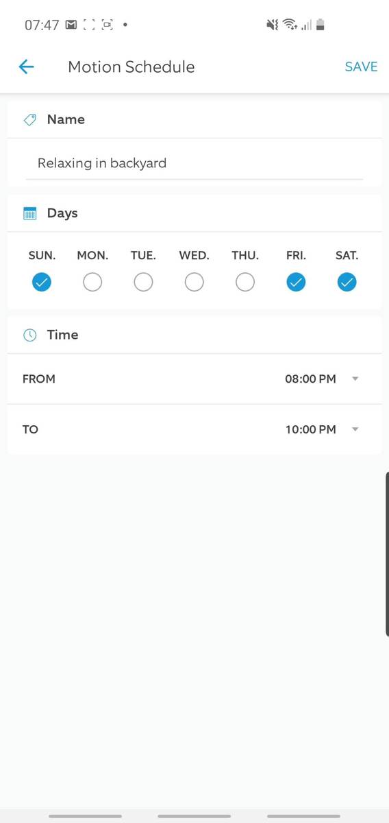 Screenshot from the Ring app showing how a Motion Schedule can be created.