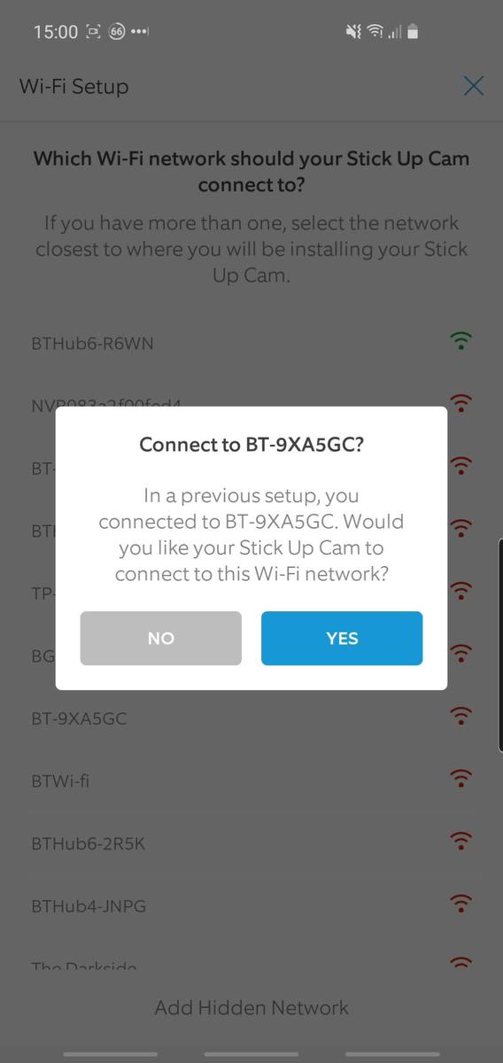 Phone screenshot showing the WiFi selection of my Ring Indoor Cam, with the prompt asking me if I want to connect to a pre-existing WiFi network.