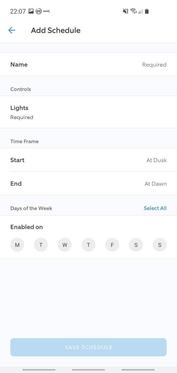 Ring app showing lighting control within a schedule including times and days of week