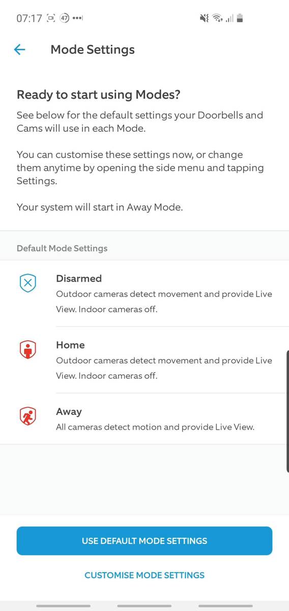 Ring app screenshot showing the new 'Modes' feature, released in 2020.