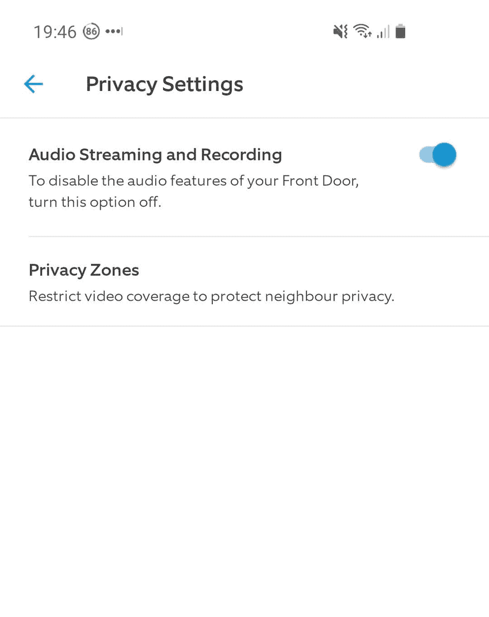 Screenshot from the Ring app's privacy settings section, showing audio recording is enabled by default