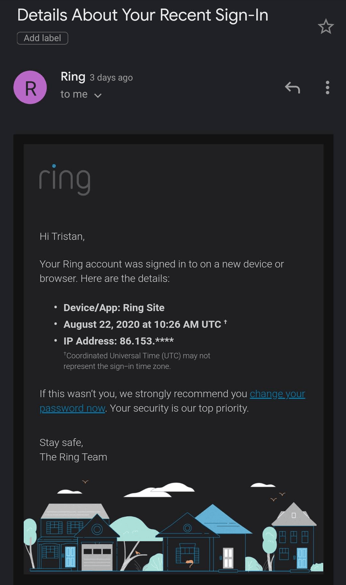 Phone screenshot of a recent Ring sign-in email that I received.