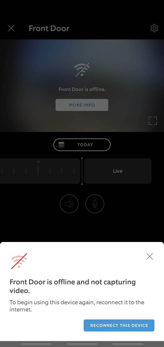 Ring screenshot showing a device being disconnected from the internet full