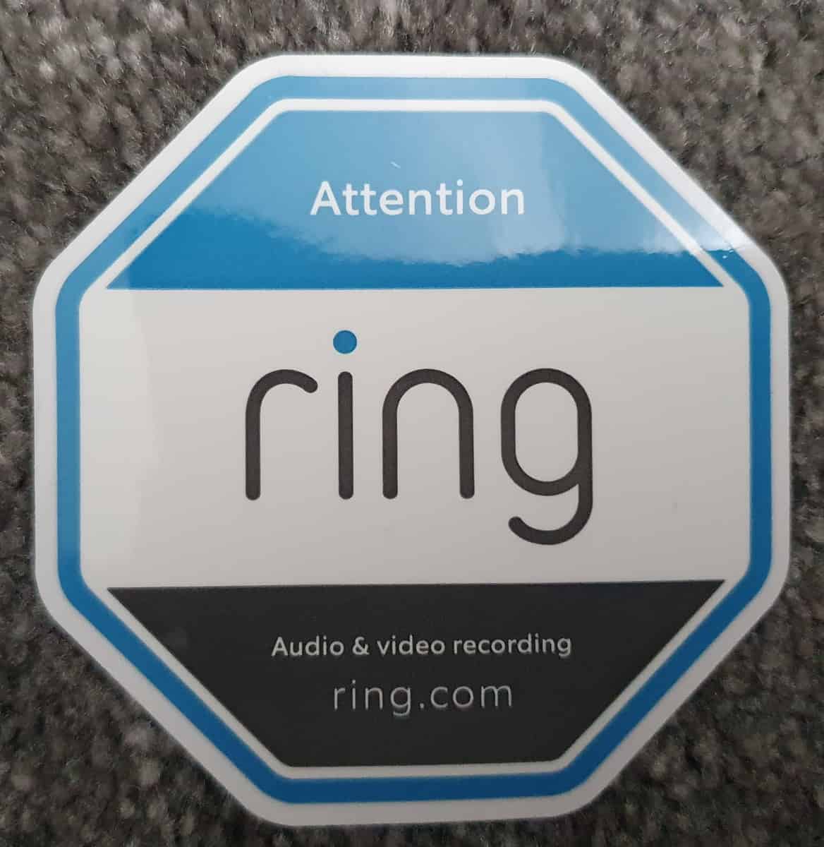 A Ring "Audio & video recording" attention sticker up-close