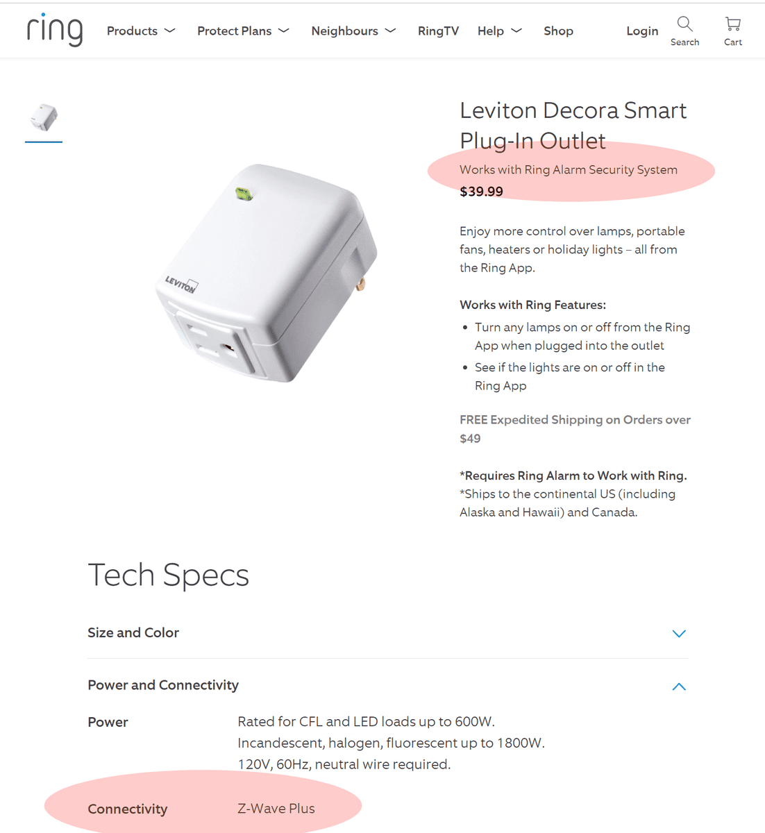 Ring website for the Leviton Smart Plug