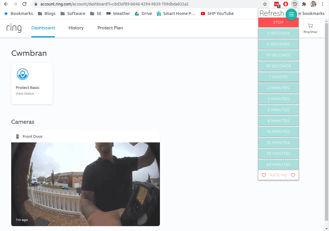 Computer screenshot of my Ring.com dashboard, with auto-refresh being turned on.