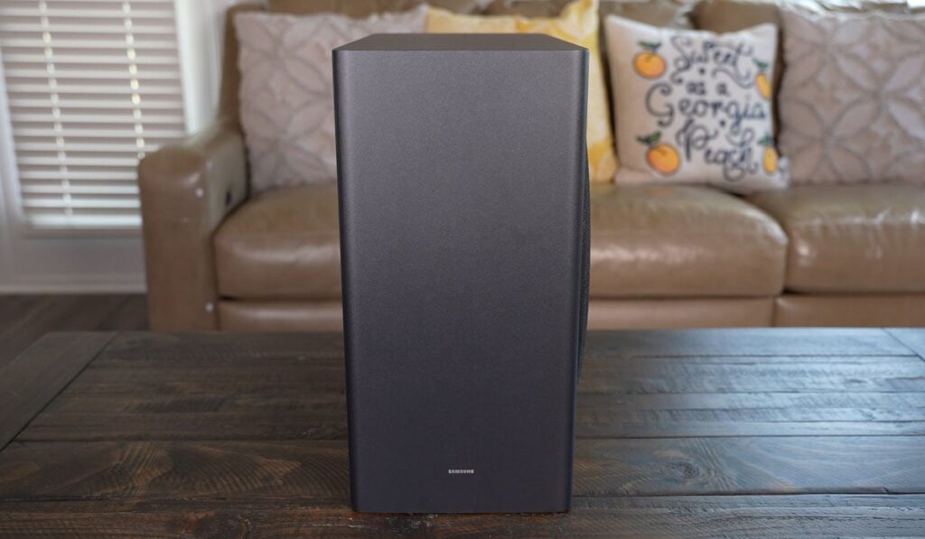 Samsung HW-Q950A Soundbar Subwoofer on a coffee table in a living room