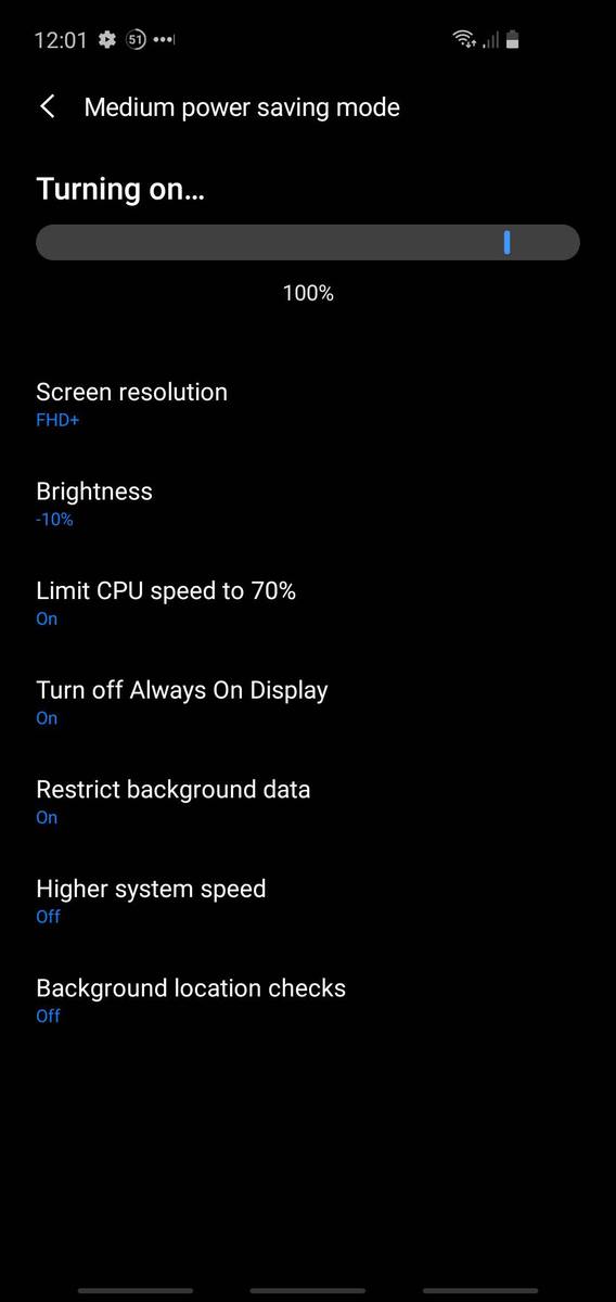 Samsung S10: power saving mode being switched on