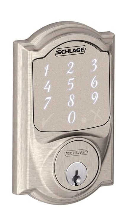 Schlage Sense Smart Deadbolt marketing image, with keypad at top and key hole at bottom.