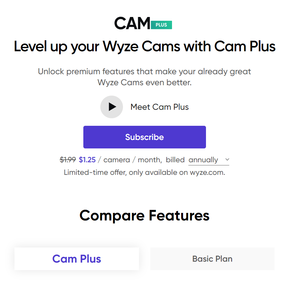 Screenshot of the Wyze Cam Plus webpage