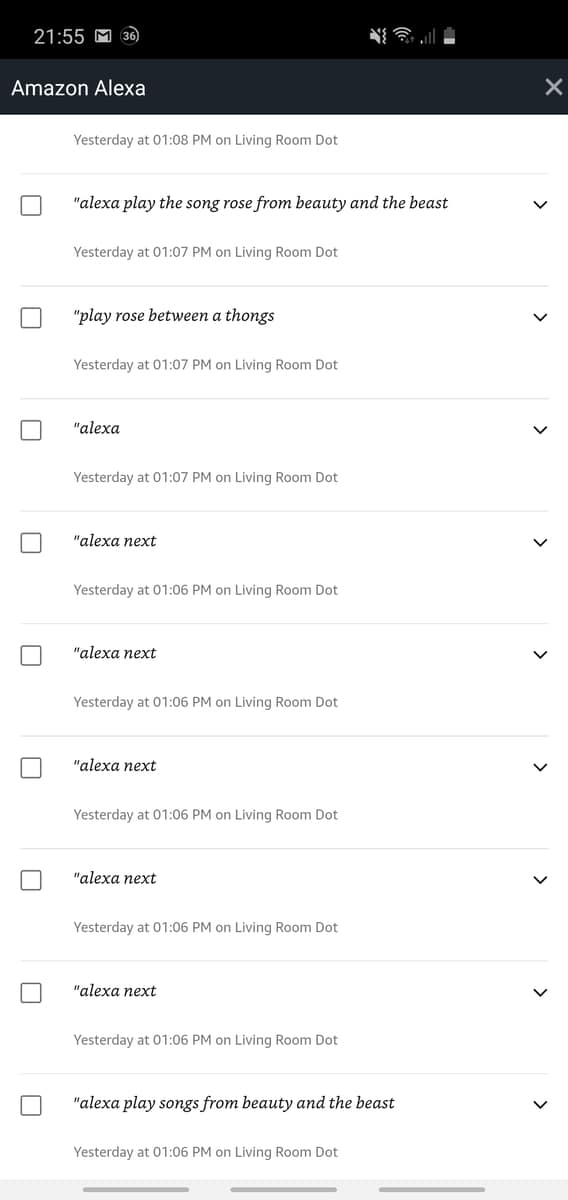 Phone screenshot showing Alexa's voice history (captured from an Echo Dot)