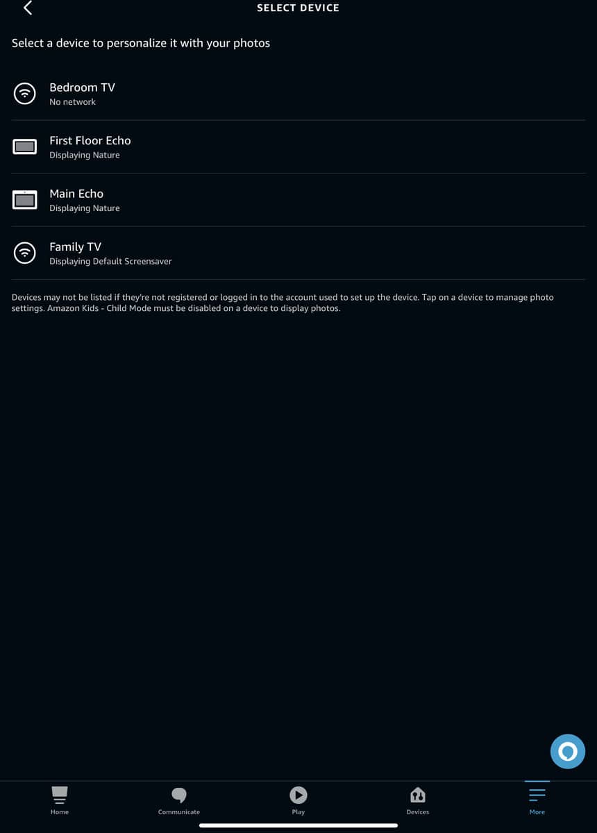 Selecting a device in the Alexa app