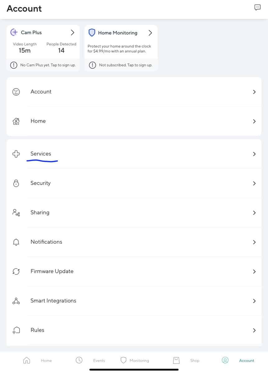 Services in the Wyze App Account screen