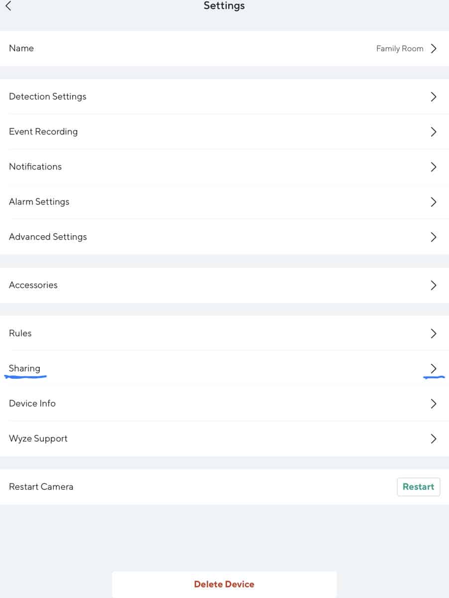 Sharing button in the Wyze app