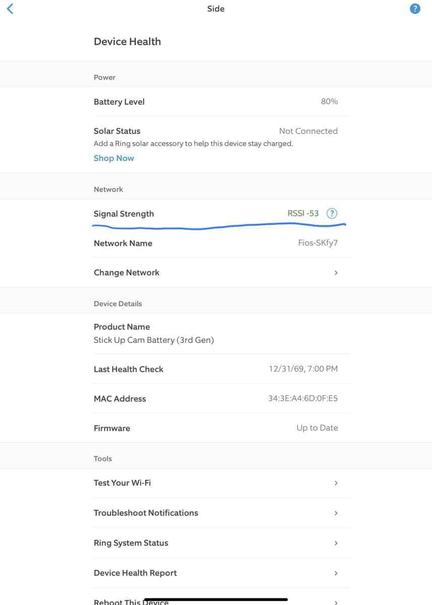 Signal Strength in Ring app