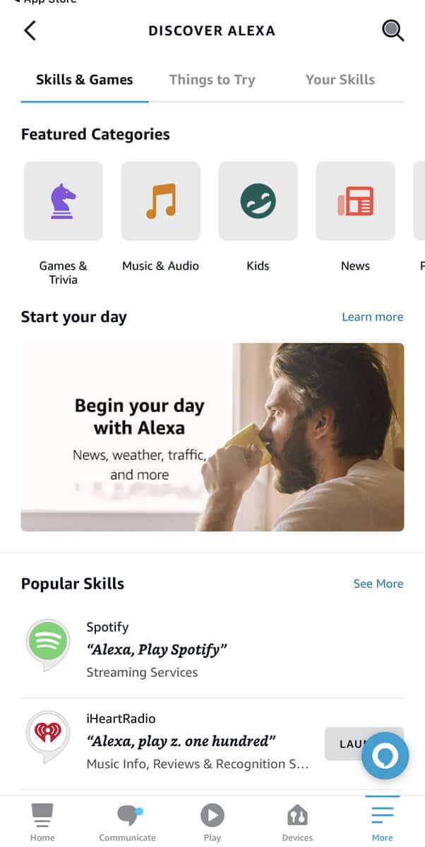 Skills and Games on iPhone Alexa app