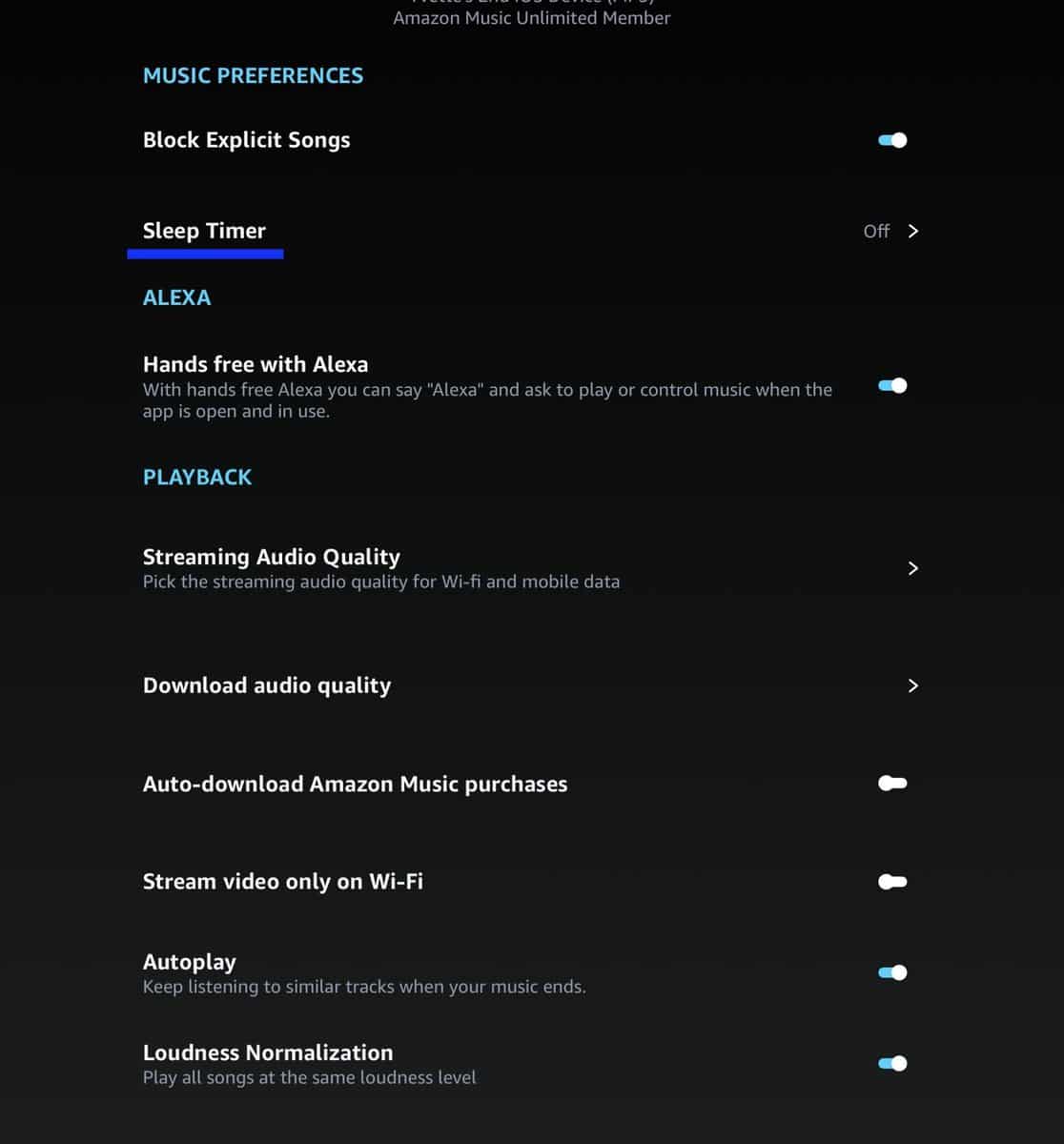 Sleep Timer in Amazon Music