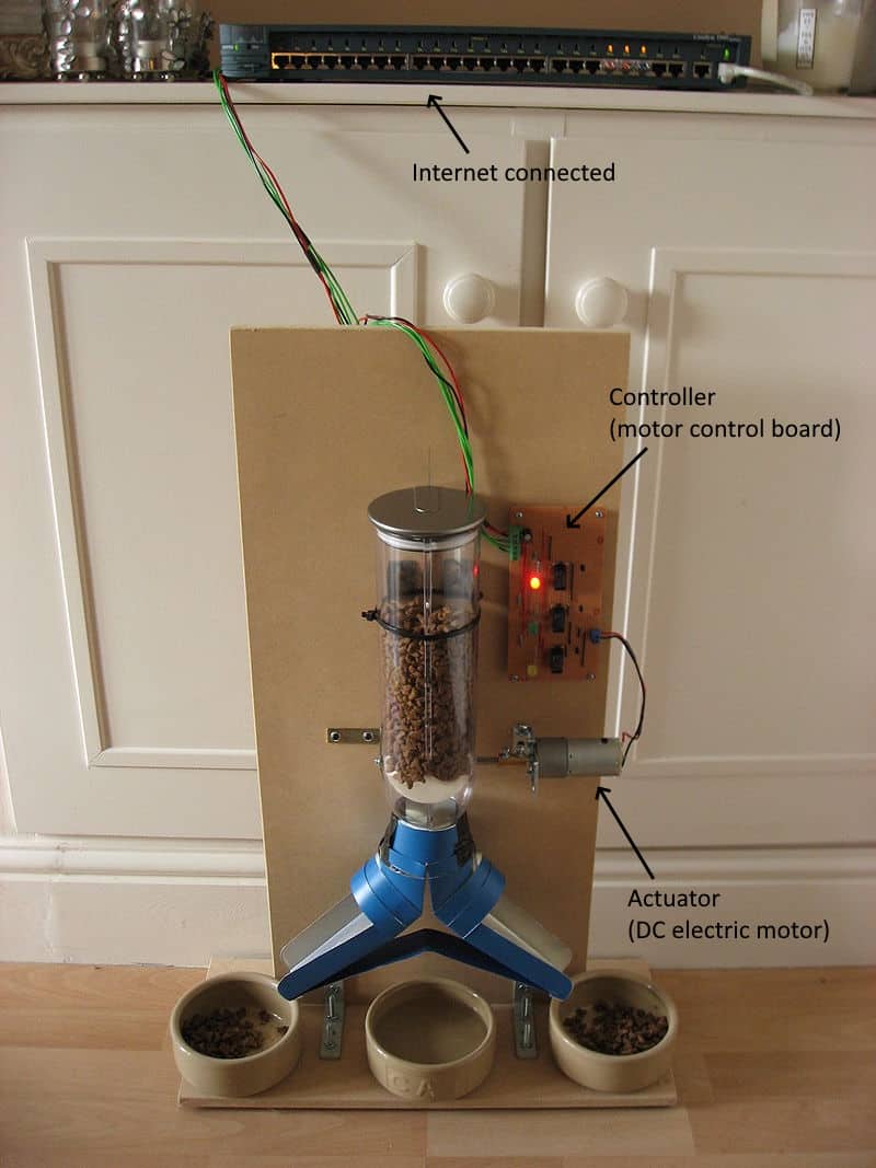 A smart home automation device - a cat feeder with a controller, actuator and is internet connected.