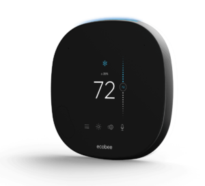 A marketing image of the 2019 ecobee SmartThermostat black model with the temperature being displayed on screen.