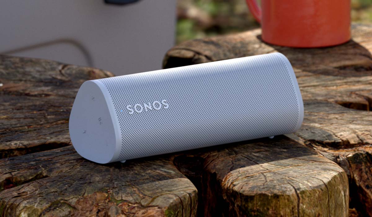 Sonos Roam outside on wooden log