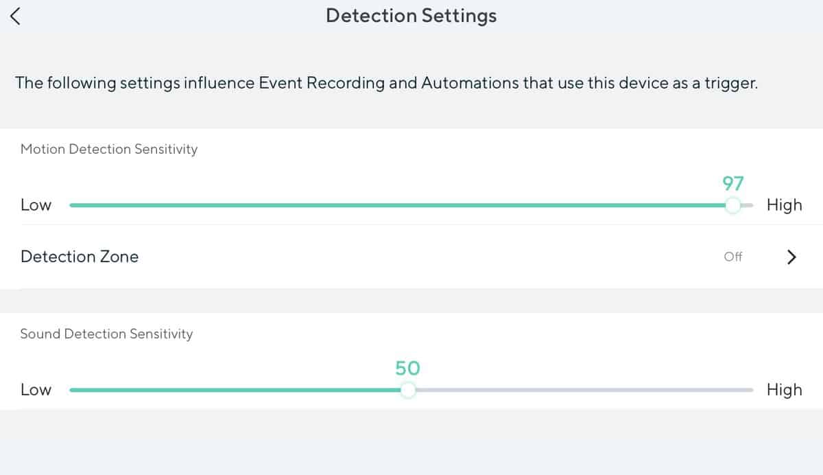 Sound and Motion Sensitivity Sliders in the Wyze app