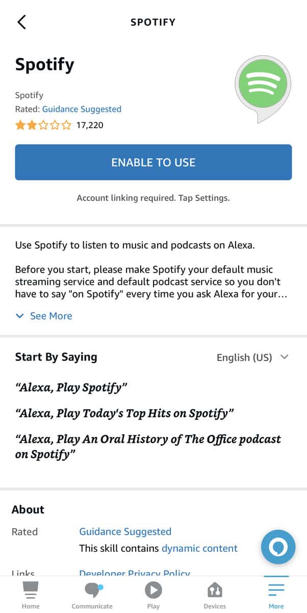 Spotify Skill on iPhone Alexa App