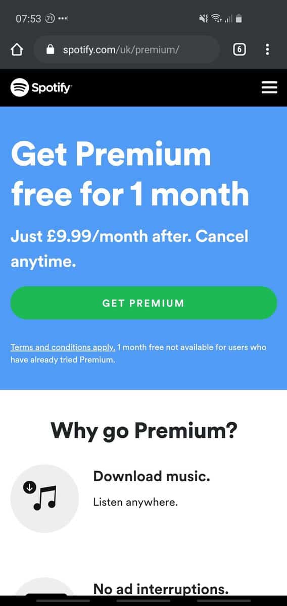 Screenshot of the Spotify webpage showing the $9.99 monthly fee.