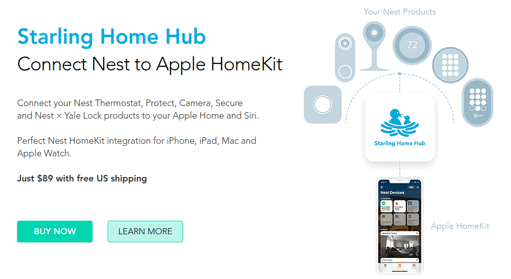 Screenshot of Starling Home Hub's webpage saying "Starling Home Hub: Connect Nest to Apple HomeKit".