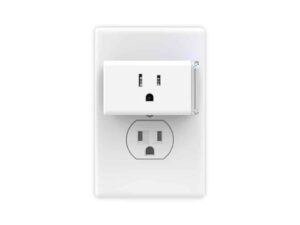 A marketing image of the TP Link's HS105 Kasa Wi-Fi Smart Plug, which leaves the second outlet free for use.