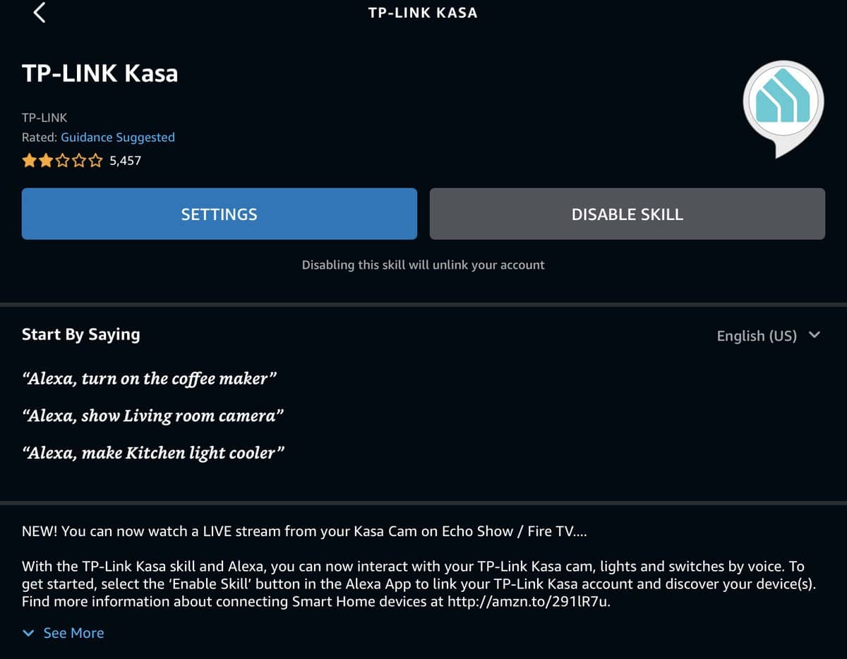 TPLinkKasa Skill in the Alexa app