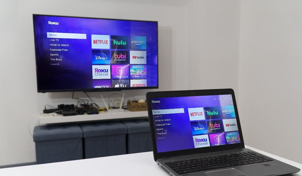 TV and Laptop showing Roku