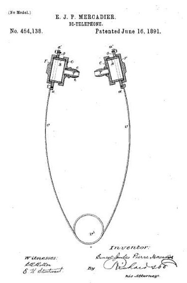 Telephone earbuds patented by Mercadier in 1891