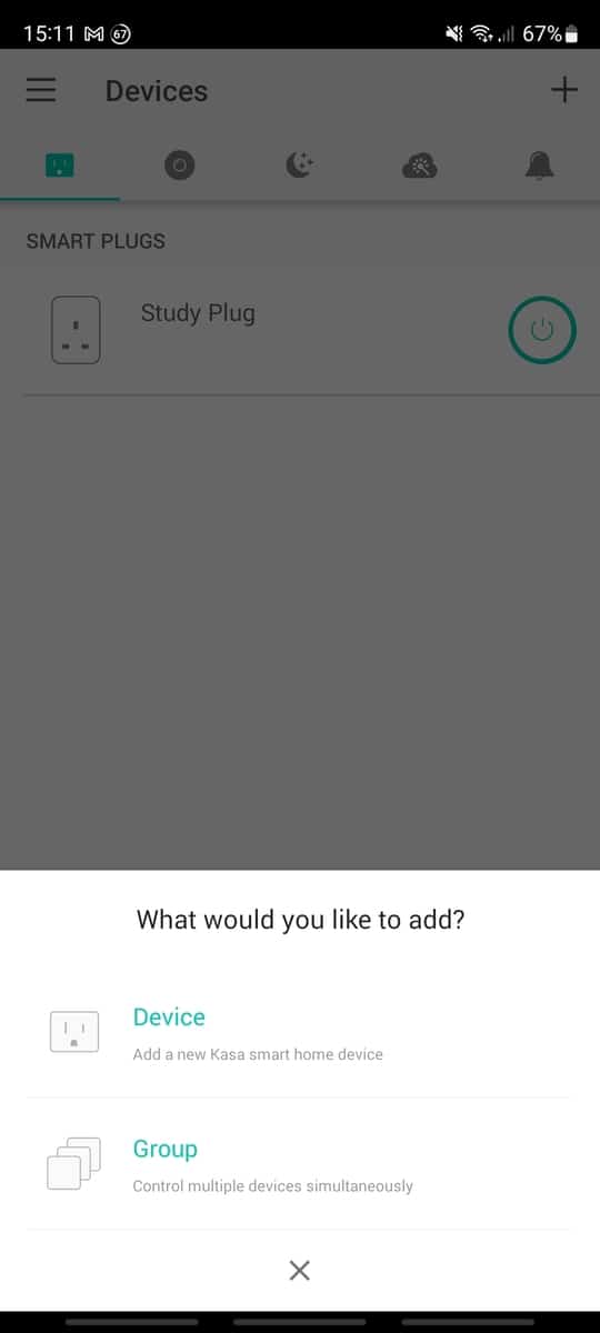 The Add Device section of the Kasa app with options to add a Device or Group