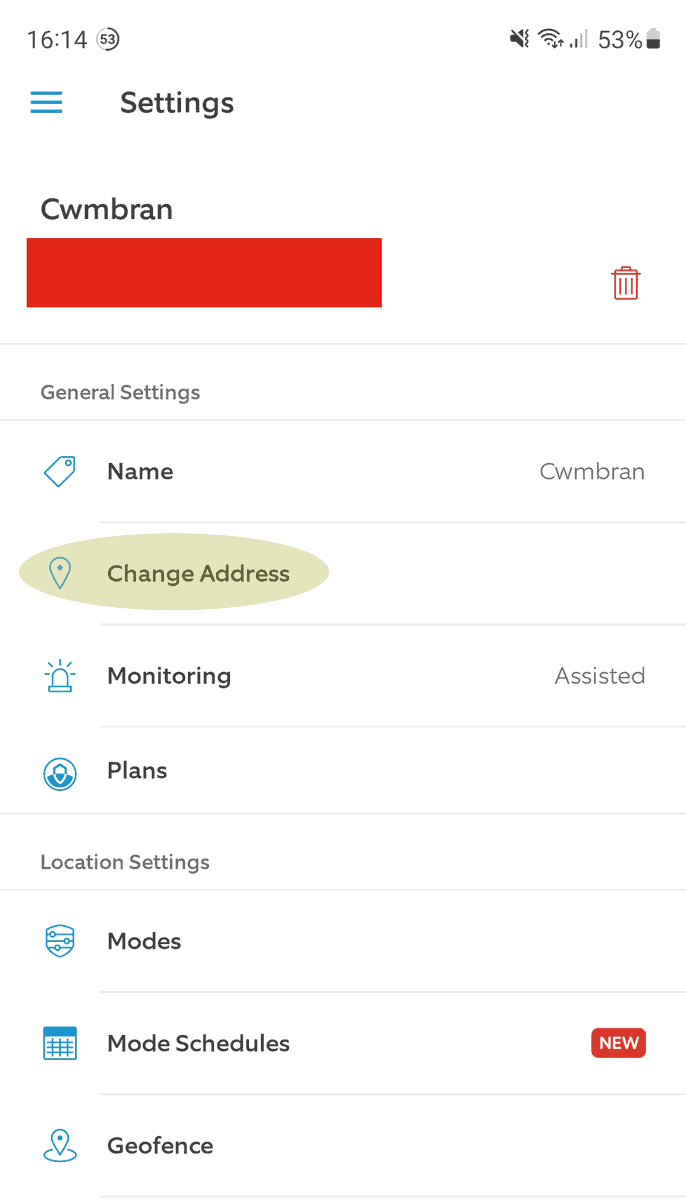 The Change Address option within the Ring app