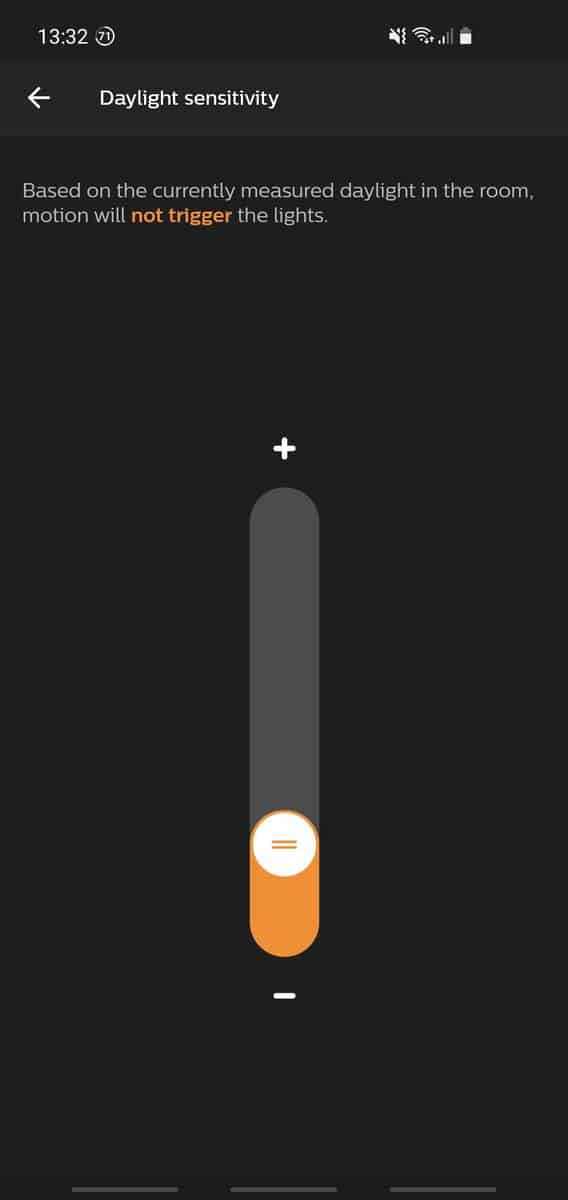 The Daylight Sensitivity option on a Hue indoor motion sensor from the Hue app
