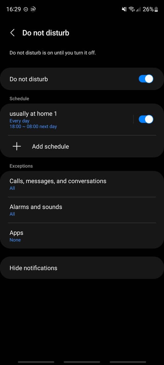 The Do Not Disturb options on an Android phone