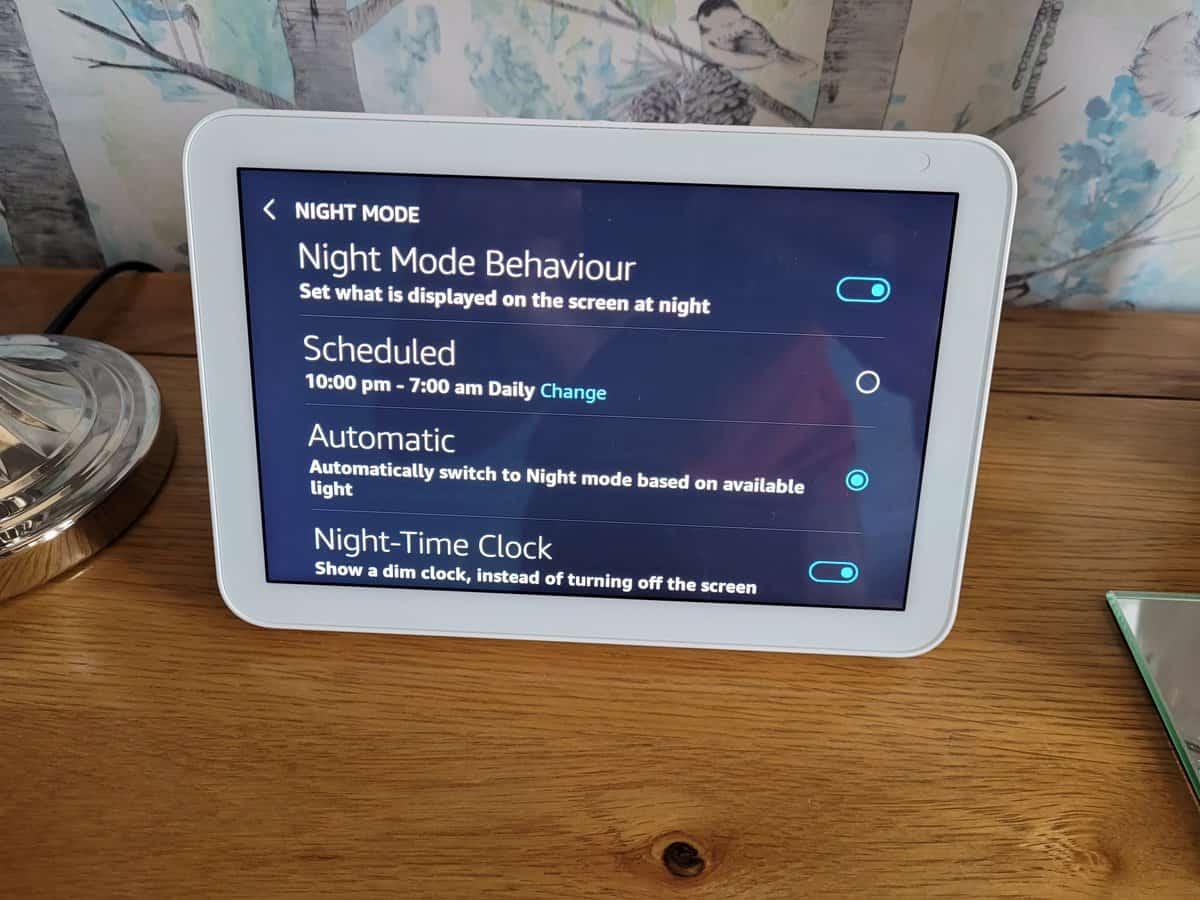 The Echo Shows Night Mode settings under Clock and Photo Display settings
