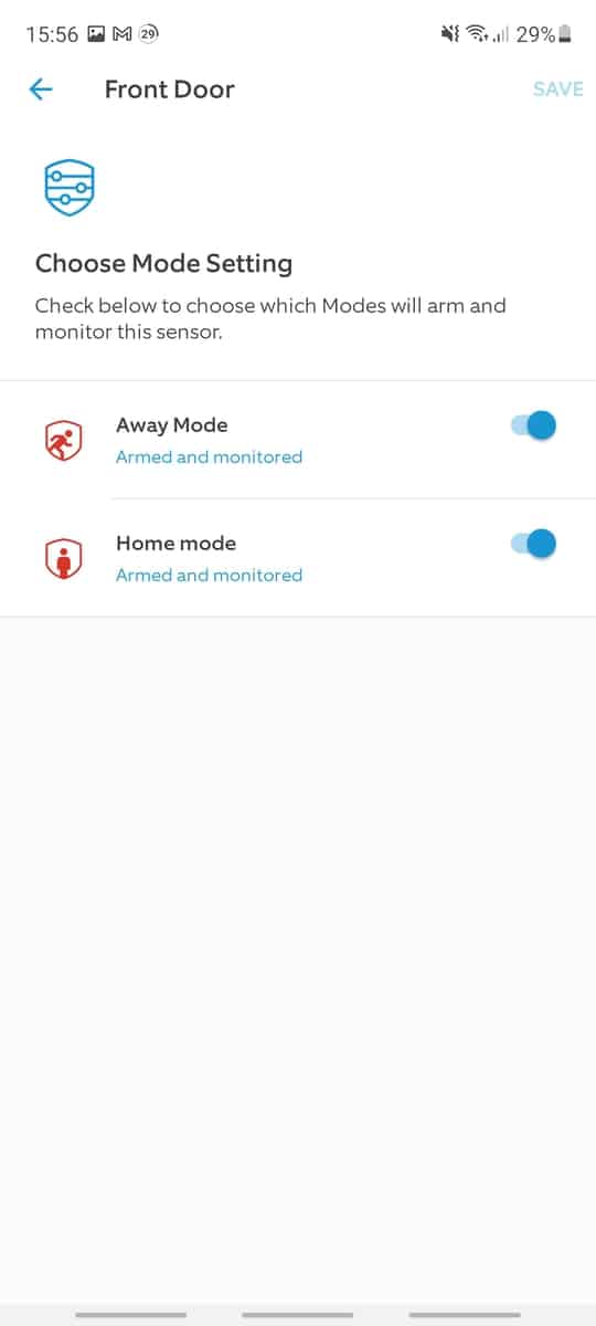 The Home and Away modes for a Ring sensor within the Ring app