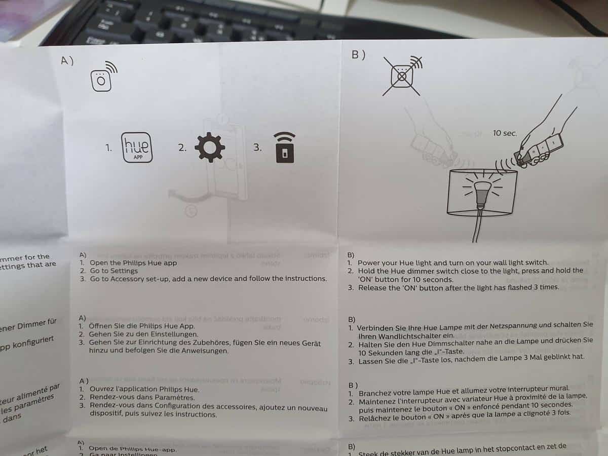 The Hue Dimmer Switch manual showing its two main pairing methods