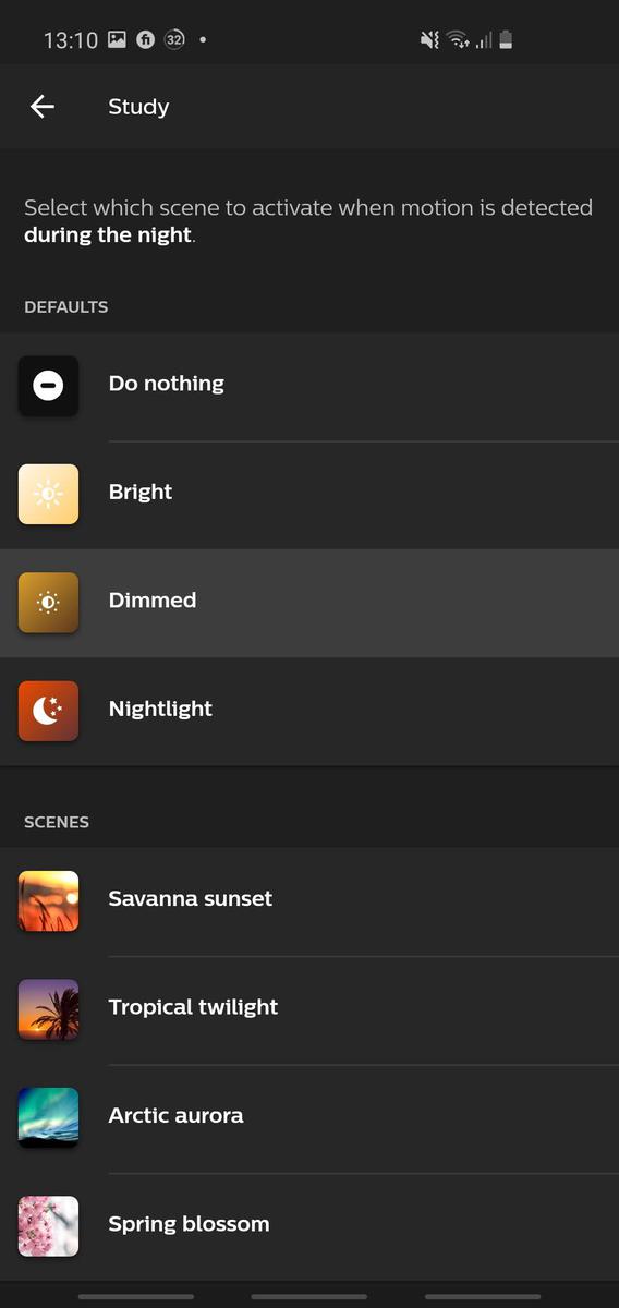 The Hue Motion sensor app config, allowing you to select a brightness and scene