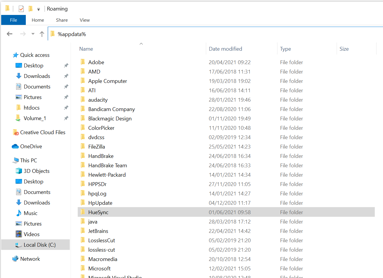 The Hue Sync appdata folder on Windows