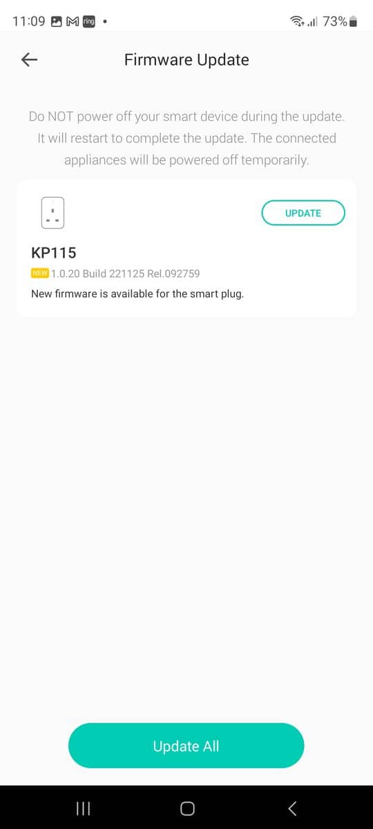 The Kasa app shows that I have a pending firmware update for my Kasa KP115 smart plug