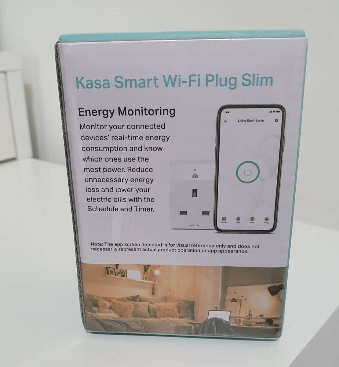 The Kasa smart plug box explains about the energy monitoring features