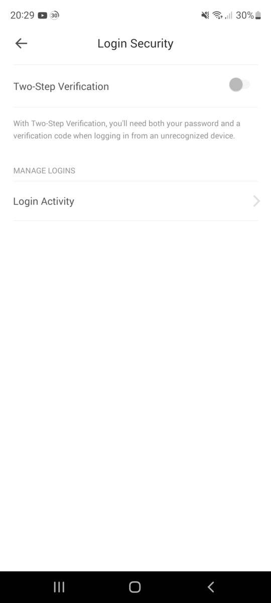 The Login Security page of the Kasa app which has two step auth and login activity screens