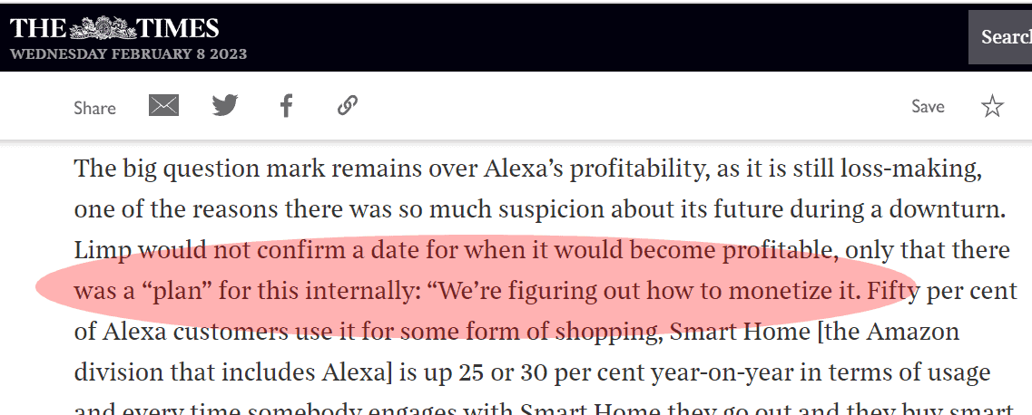 The London Times interview with Amazons David Limp saying they plan to monetize Alexa