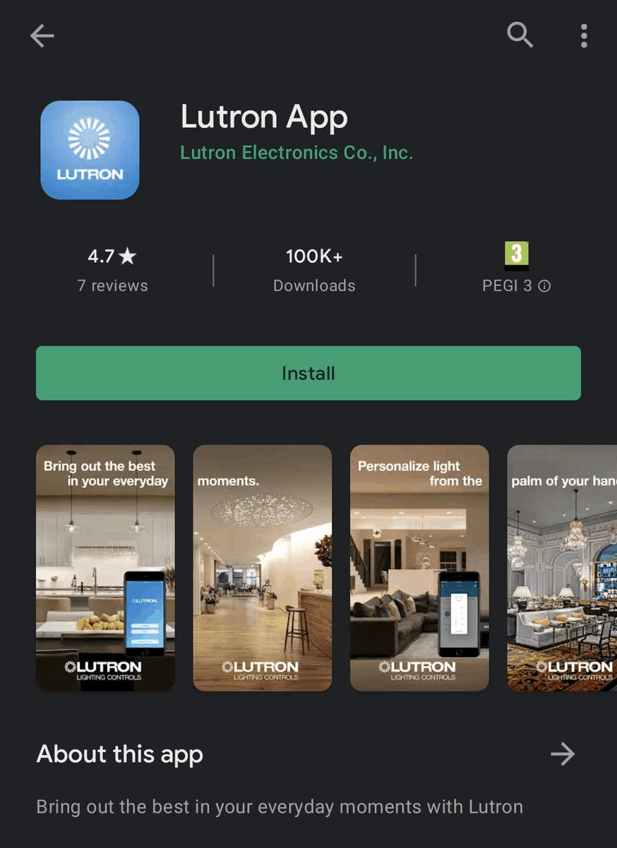 The Lutron app which can control Caseta products on the Google Play Store