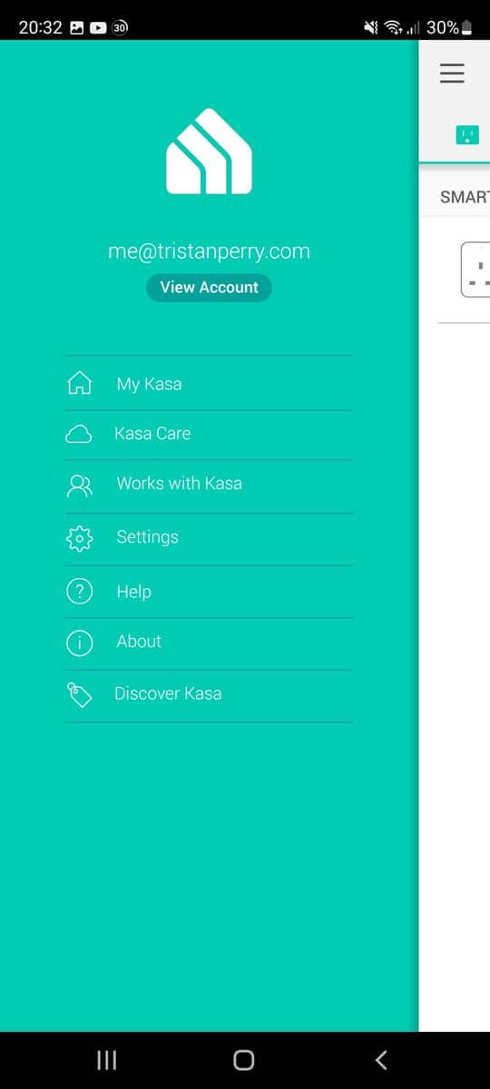 The Menu slide out on the Kasa app showing the account details